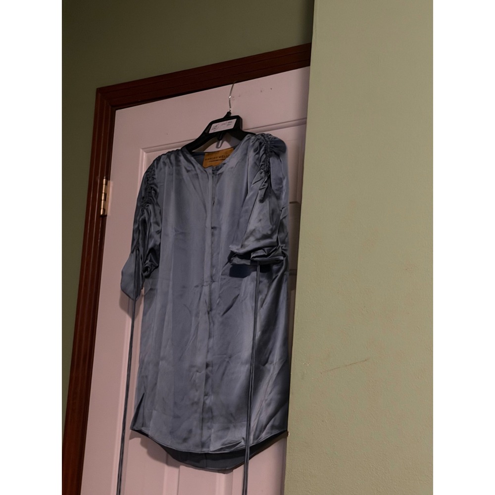 Hanley Mellon Womens 100% Silk Blue Ruched Sleeve Button Front Blouse Size 2